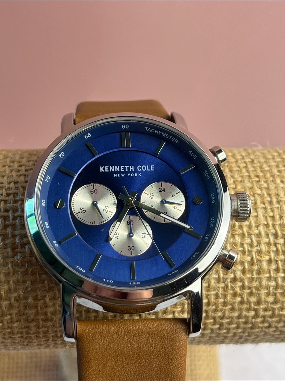 Kenneth Cole Blue Dial Chronograph with Tan Leather Strap 44mm